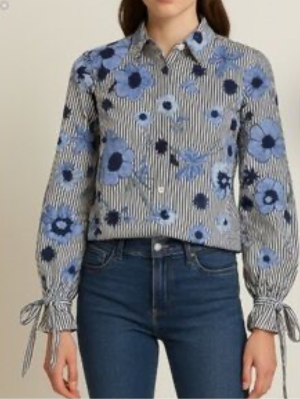 Floral Embroidered Blue & White Pinstripe Button-Down Blouse - Effortless Chic!